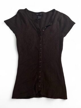 Brown Knit Button Up Cardigan Short Sleeve Top